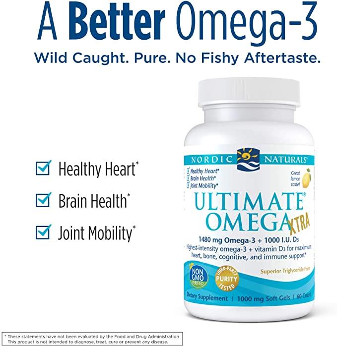 Nordic Naturals Ultimate Omega Xtra, Lemon Flavor - 60 Soft Gels - 1480 mg Omega-3 + 1000 IU Vitamin D3 - EPA &amp; DHA - Brain, Heart, &amp; Immune Health - 30 Servings