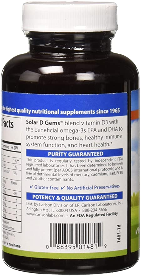 Carlson - Solar D Gems, Vitamin D3 and Omega-3 Supplement, 4000 IU (100 mcg) D3, 115 mg Omega-3 EPA and DHA, Vitamin D Fish Oil Capsule, Bone &amp; Immune Health, Vitamin D Supplement, Lemon, 120 Softgels