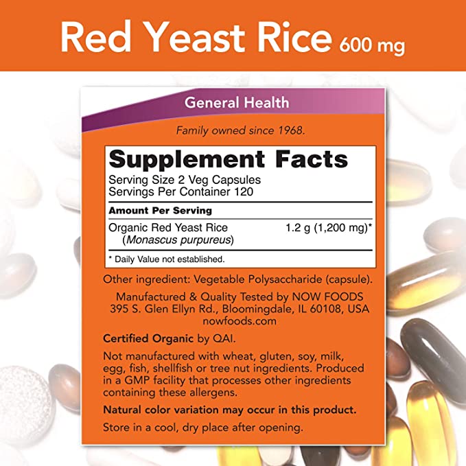 NOW Foods Supplements, Red Yeast Rice 600 mg, Made with Organic Red Yeast Rice, 240 Veg Capsules