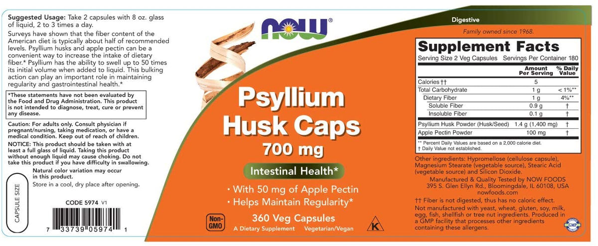 NOW Supplements, Psyllium Husk Caps 700 mg with 50 mg of Apple Pectin, Intestinal Health*, 360 Veg Capsules