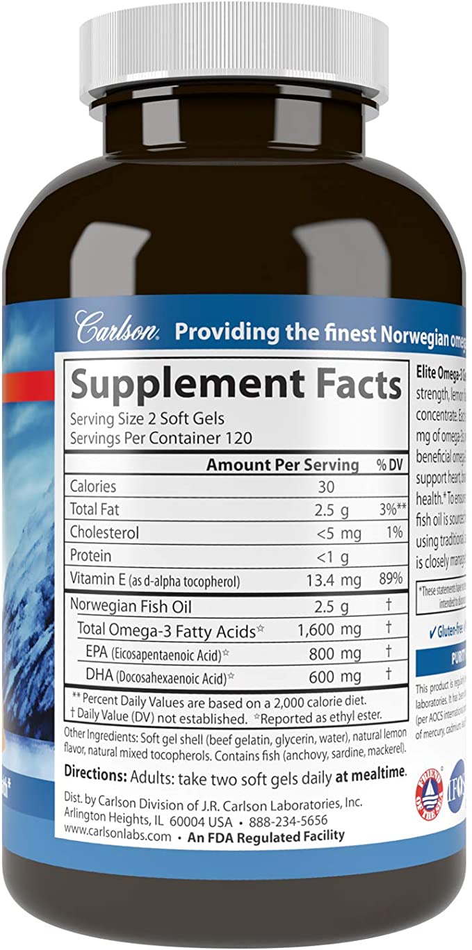 Carlson Elite Omega-3 Gems, 1600 mg Omega-3 with EPA &amp; DHA, Lemon Flavor, 240 Softgels – Wild-Caught Norwegian Fish Oil, Sustainably Sourced