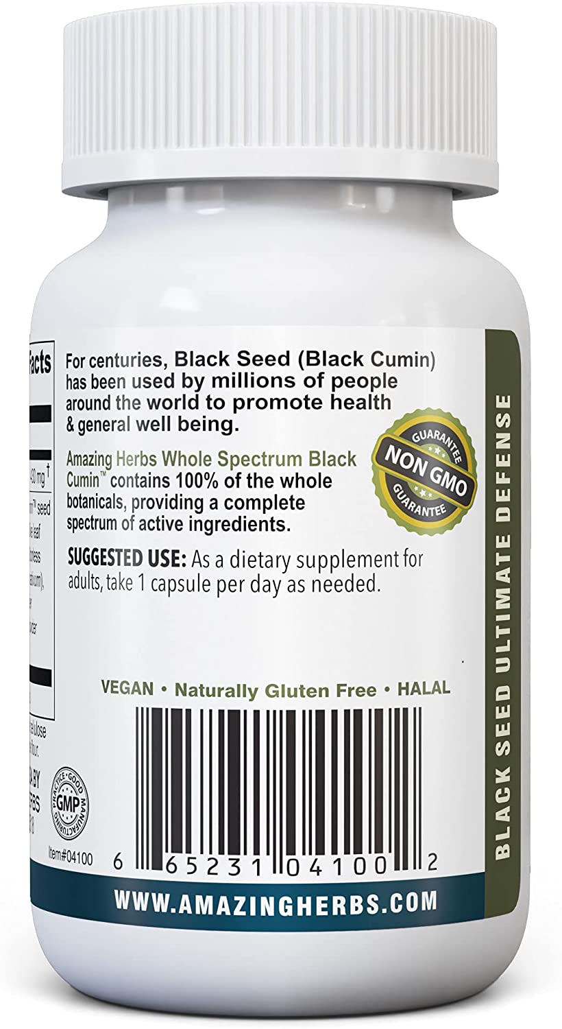 Amazing Herbs Whole Spectrum Black Seed Ultimate, Vegetarian Capsules - Olive Leaf & Garlic Extracts Plus Ginger & Cayenne, Gluten Free, Non GMO, Vegan - 100 Count