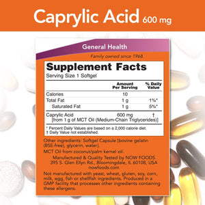 NOW Caprylic Acid, 600 mg, 100 Softgels