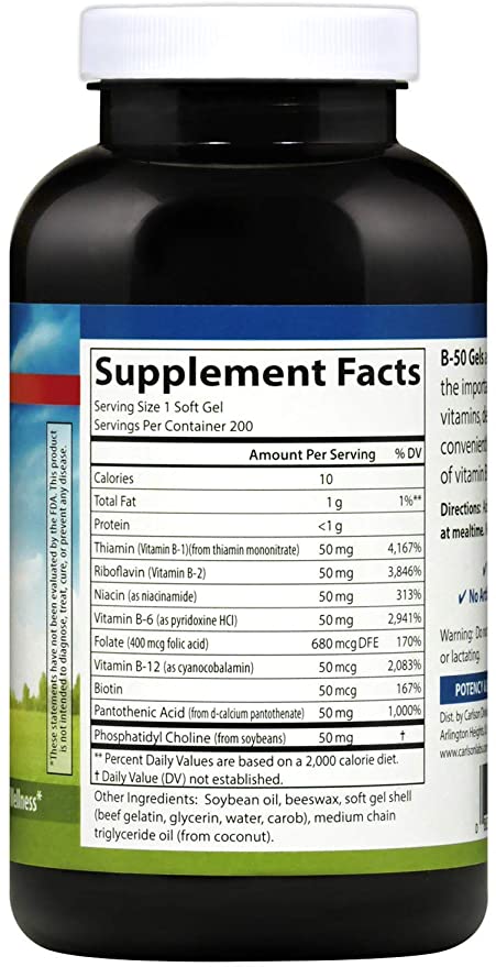 Carlson - B-50 Gels, Vitamin B Complex, Energy Production, Cellular Support & Optimal Wellness, 200 Softgels