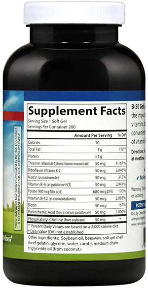 Carlson - B-50 Gels, Vitamin B Complex, Energy Production, Cellular Support & Optimal Wellness, 200 Softgels