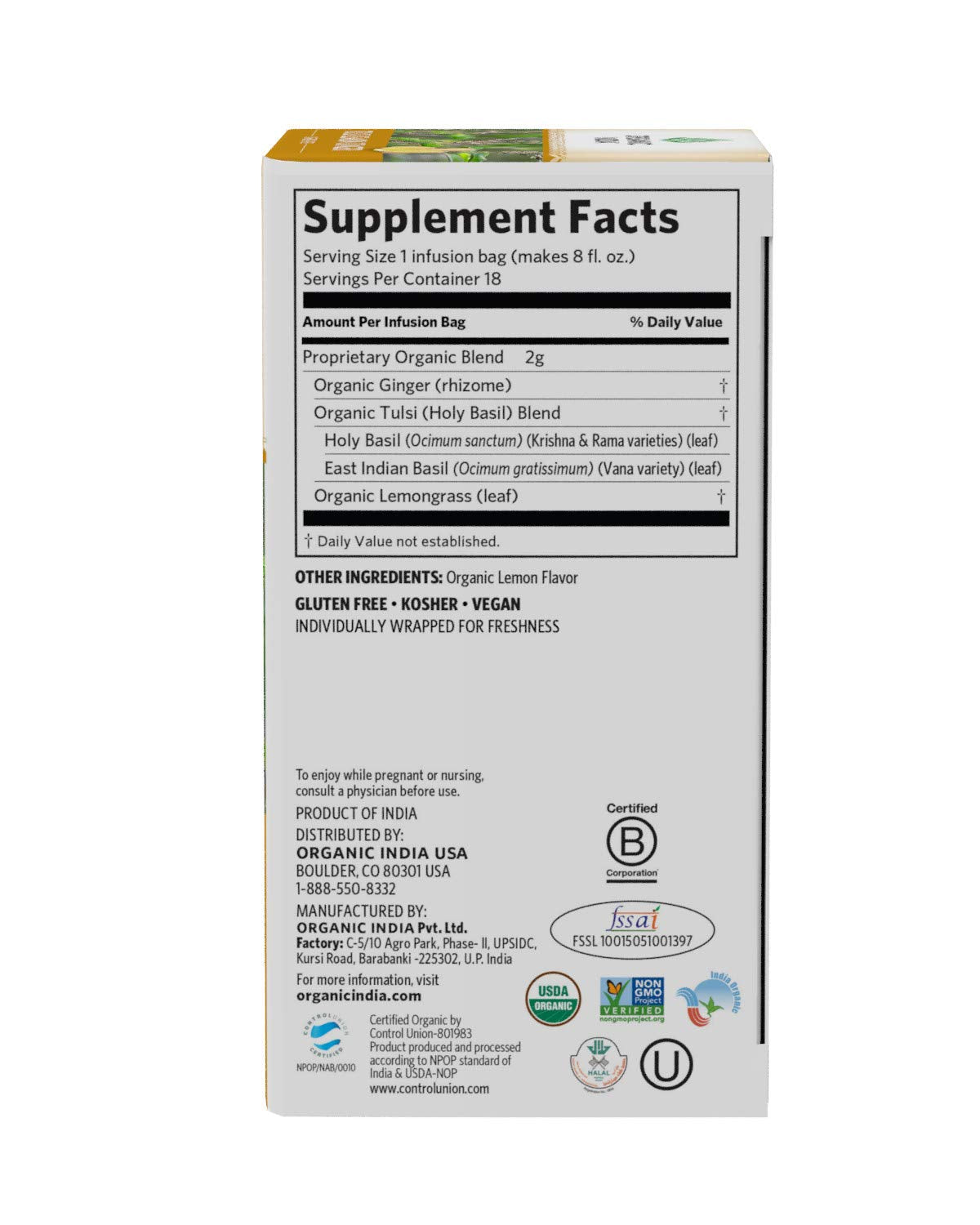 Organic India Tulsi Tea Lemon Ginger, 18 Tea Bags