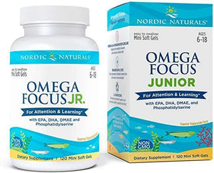 Nordic Naturals Omega Focus Jr, Lemon - 120 Mini Soft Gels - 900 mg Total Omega-3s with EPA, DHA, DMAE & Phosphatidylserine - Attention, Learning - Non-GMO - 30 Servings - Discount Nutrition Store