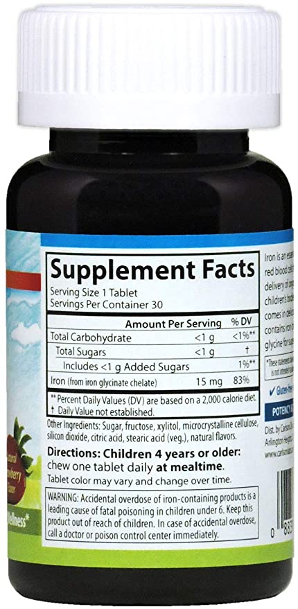 Carlson - Kid's Chewable Iron, 15 mg, Superior Absorption, Blood Health, Energy Production & Optimal Wellness, Natural Strawberry Flavor, 30 Tablets