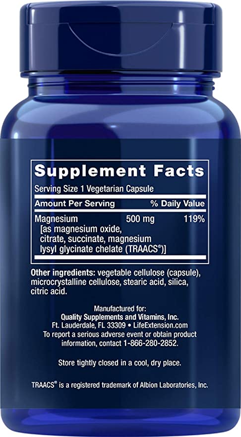 Life Extension Magnesium Caps, 500 mg, Magnesium Oxide, Citrate, and Succinate, Heart Health, Healthy Bones, Metabolism Support, 100 Vegetarian Capsules