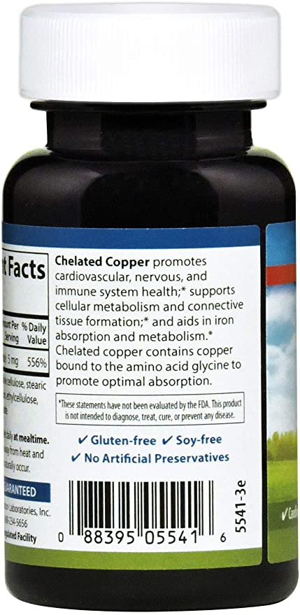 Carlson - Chelated Copper, 5 mg, Superior Absorption, Cardiovascular Health, Nerve Function &amp; Immune Support, 100 Tablets