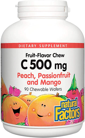 Natural Factors 100% Natural Fruit Chew C Peach Passionfruit and Mango, 500 mg, 90 Chewable Wafers
