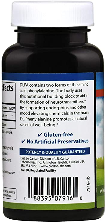 Carlson DLPA DL-Phenylalanine 500 mg Mood, Cognitive &amp; Nervous System Support Supplement - 60 Capsules