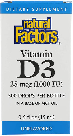 Natural Factors, Vitamin D3 Drops 1000 IU, Supports Strong Bones, Teeth and Immune Function with Flaxseed, Palm and Coconut Oils, 0.5 fl oz