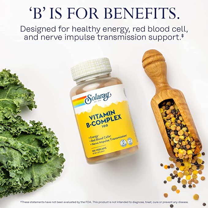 Solaray Vitamin B-Complex 100 mg, Healthy Energy, Blood Cell Formation &amp; Nerve Impulse Transmission Support, 100 VegCaps (100 Count)