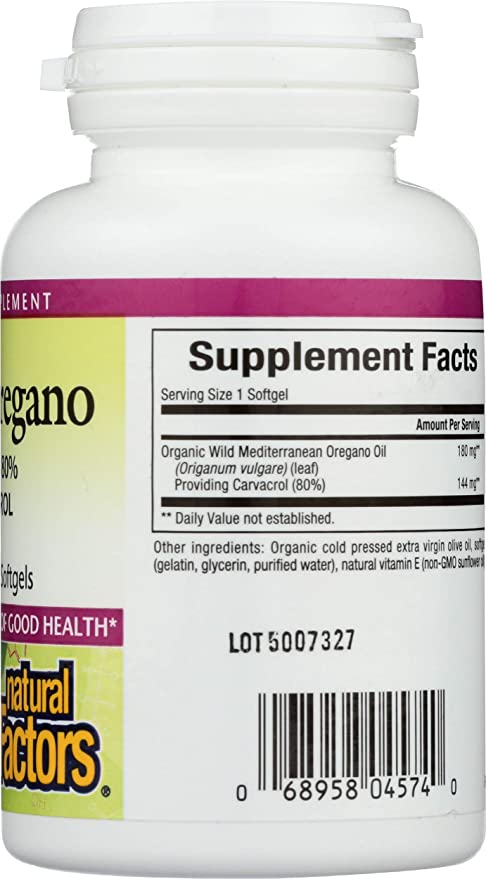 Natural Factors Oil of Oregano 180 mg, Helps Maintain Good Health with Extra Virgin Olive Oil, 60 Softgels