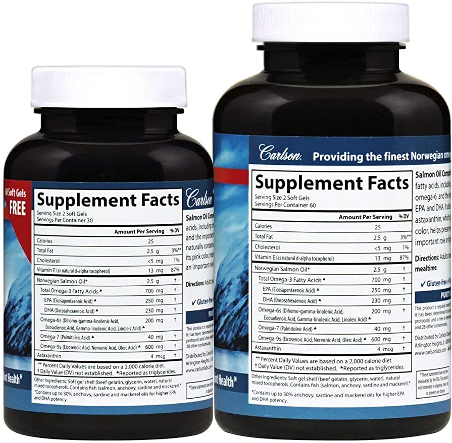 Carlson - Salmon Oil Complete, 700 mg Omega-3s + Astaxanthin, Norwegian, Heart, Brain & Joint Health, 120+60 Softgels