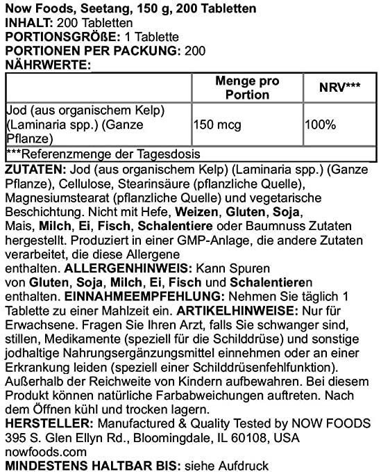 NOW Supplements, Kelp 150 mcg of Natural Iodine, Easier to Swallow Tablet, Super Green, 200 Tablets