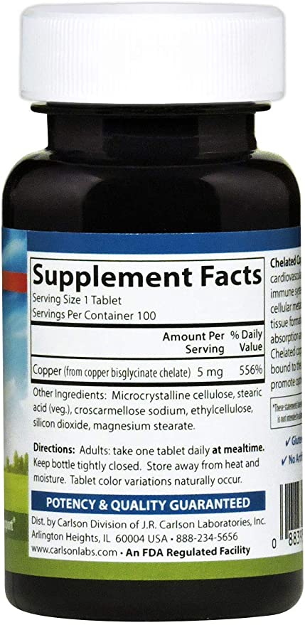 Carlson - Chelated Copper, 5 mg, Superior Absorption, Cardiovascular Health, Nerve Function &amp; Immune Support, 100 Tablets