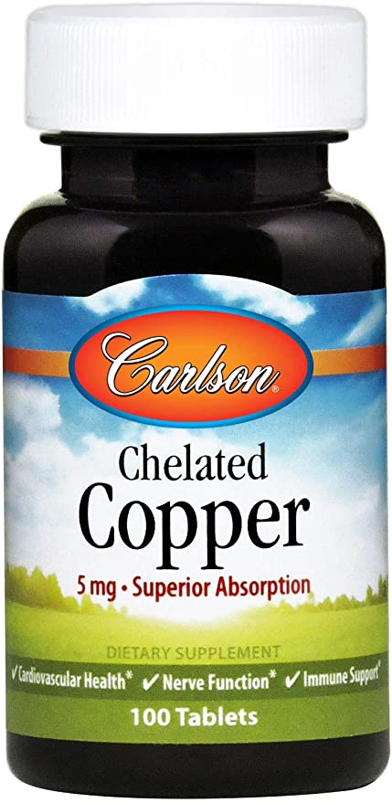 Carlson - Chelated Copper, 5 mg, Superior Absorption, Cardiovascular Health, Nerve Function &amp; Immune Support, 100 Tablets