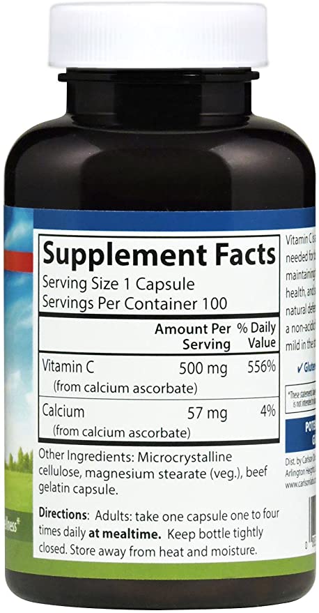 Carlson - Mild-C, 500 mg, Buffered Vitamin C, Immune Support &amp; Optimal Wellness, Antioxidant, 100 Capsules