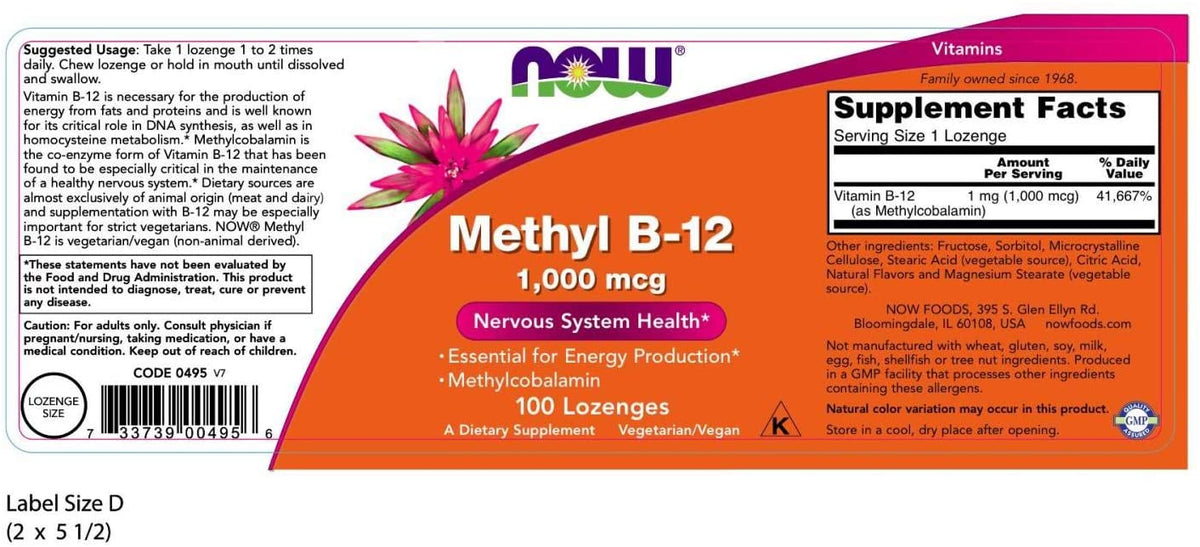 NOW Foods Supplements, Methyl B-12 (Methylcobalamin) 1,000 mcg, Nervous System Health*, 100 Lozenges