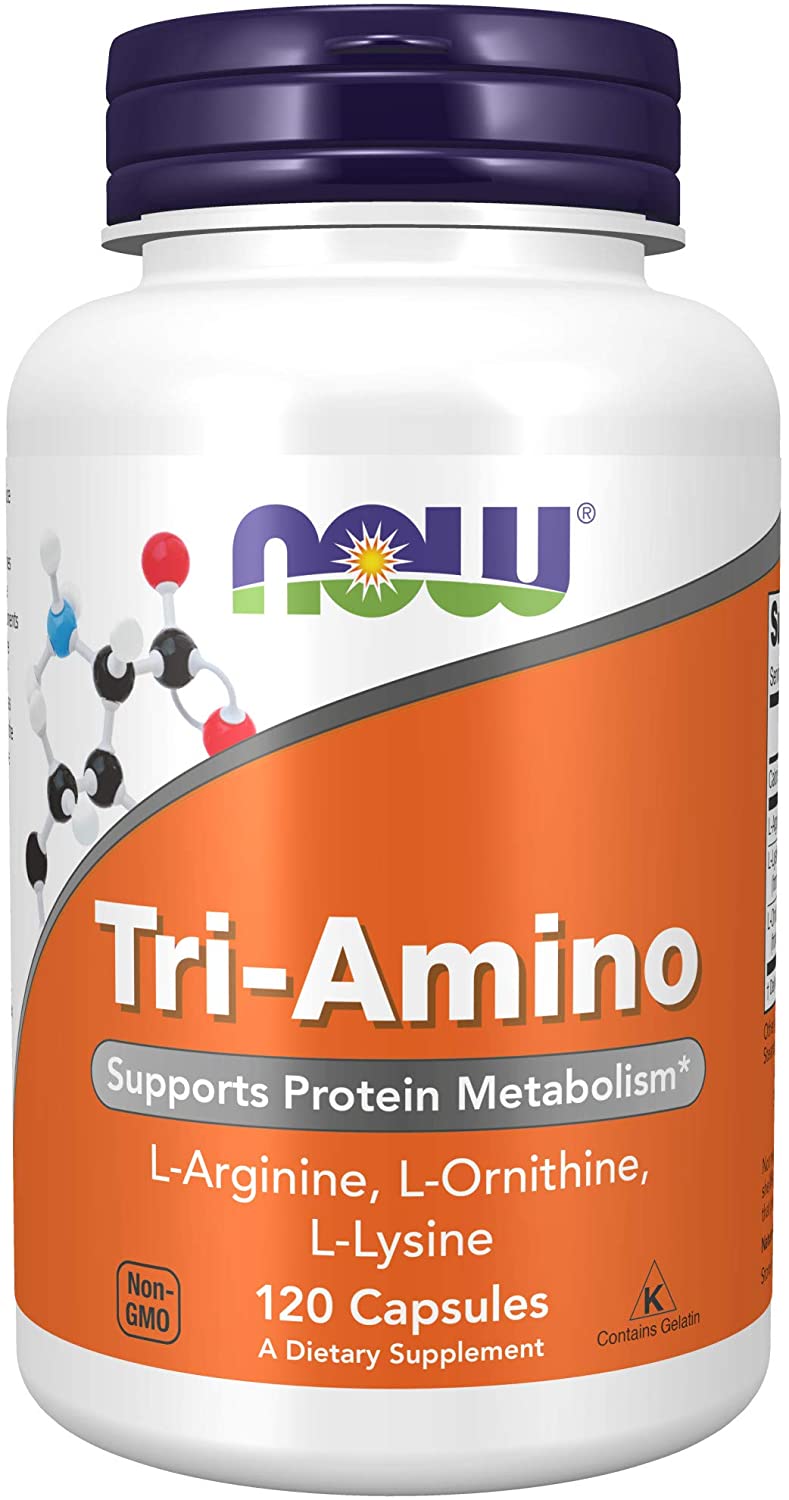 NOW Foods Supplements, Tri-Amino with L-Arginine, L-Ornithine, L-Lysine, Supports Protein Metabolism*, 120 Capsules