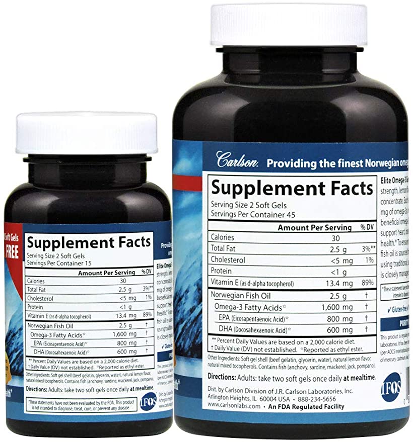 Carlson Labs Elite Omega-3, 1600 mg, Gems Fish Oil Soft Gels, Natural Lemon Flavor, 2 Pack (120 Count Each)