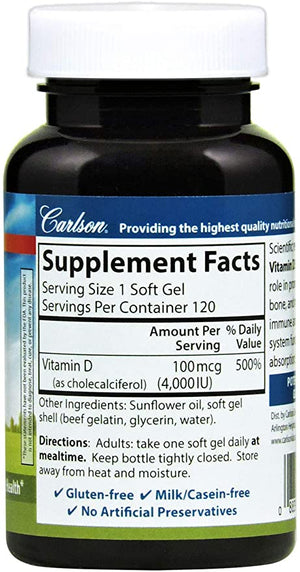 Carlson - Vitamin D3, 4000 IU (100 mcg), Vitamin D Supplements, Bone & Immune Health, Cholecalciferol Supplement, Gluten Free Vitamin D Capsules, 120 Softgels