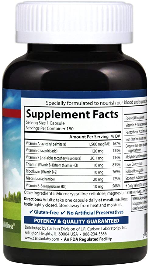 Carlson - Blood Nutrients, 28 mg Iron, Blood Development, Iron Absorption &amp; Optimal Wellness, 180 Capsules