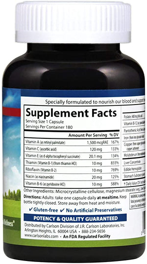 Carlson - Blood Nutrients, 28 mg Iron, Blood Development, Iron Absorption & Optimal Wellness, 180 Capsules