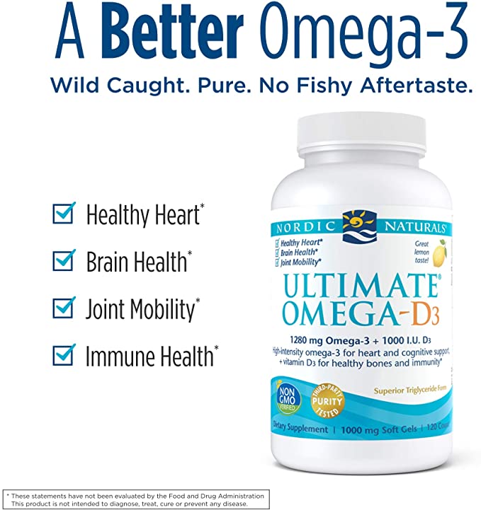 Nordic Naturals Ultimate Omega-D3, Lemon Flavor - 120 Soft Gels - 1280 mg Omega-3 + 1000 IU Vitamin D3 - EPA &amp; DHA - Promotes Brain, Heart, &amp; Immune Health - 60 Servings
