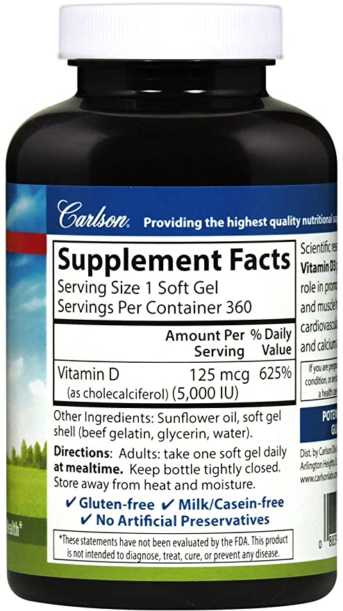 Carlson - Vitamin D3 5000 IU (125 mcg), Bone Health, Muscle Health, Cholecalciferol, Vitamin D Supplements, Vitamin D3 Soft Gels, 360 Softgels