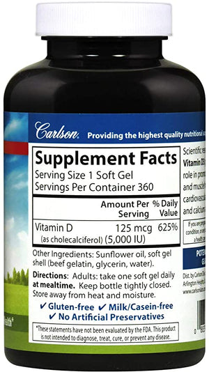 Carlson Vitamin D3, 5000 IU, 360 Softgels