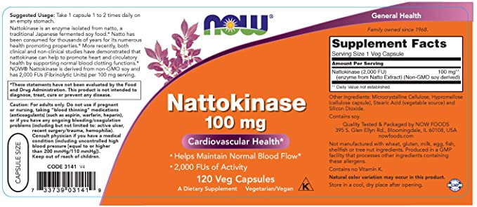 NOW Supplements, Nattokinase 100 mg (from Non-GMO Soy) with 2,000 FUs of Activity, 60 Veg Capsules