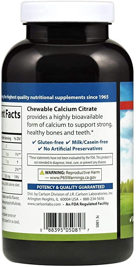 Carlson Chewable Calcium Vanilla, 250 mg, 120 Tablets