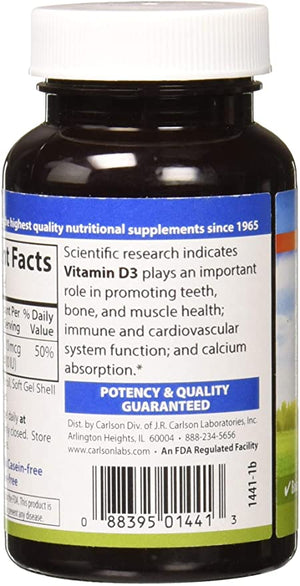 Carlson - Vitamin D3, 400 IU, Bone Support, Immune Function & Heart Health, 100 soft gels