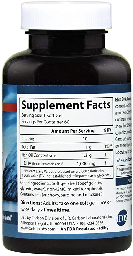 Carlson - Elite DHA Gems, 1000 mg DHA, Wild Caught, Sustainably Sourced, Brain Function & Healthy Vision, 60 Softgels