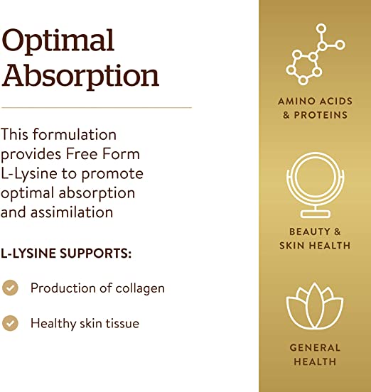 Solgar L-Lysine 1000 mg, 250 Tablets - Enhanced Absorption and Assimilation - Promotes Integrity of Skin and Lips - Collagen Support - Amino Acids - Non-GMO, Vegan, Gluten Free - 250 Servings