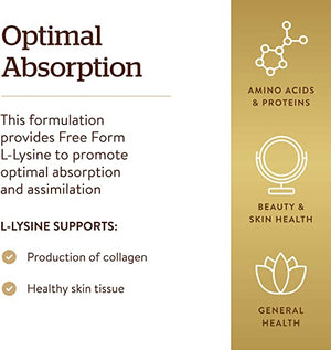 Solgar L-Lysine 1000 mg, 250 Tablets - Enhanced Absorption and Assimilation - Promotes Integrity of Skin and Lips - Collagen Support - Amino Acids - Non-GMO, Vegan, Gluten Free - 250 Servings