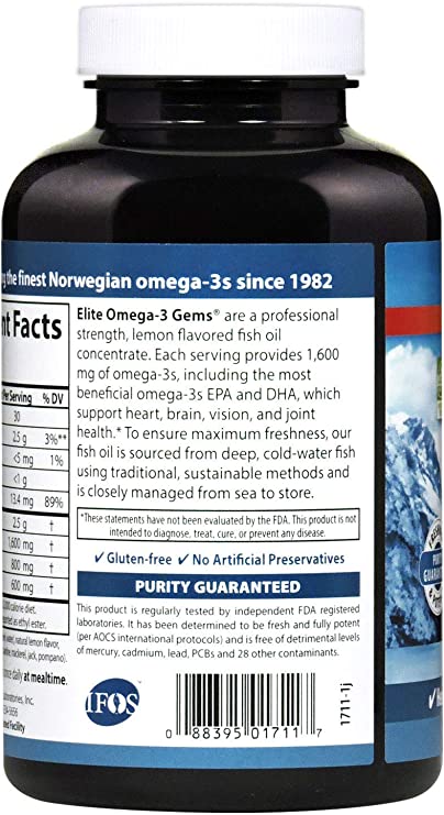 Carlson Elite Omega-3 Gems, 1600mg Omega-3s with EPA & DHA, Wild-Caught Norwegian Fish Oil, Lemon Flavor, 90 Softgels