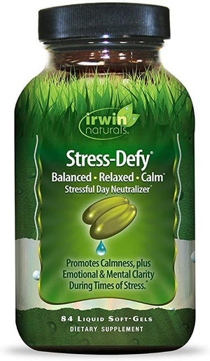 Irwin Naturals Stress-Defy Healthy Stress Response Support Supplement - Relax Body & Mind with GABA, Rhodiola, Scullcap & L-Theanine - 84 Liquid Softgels - Discount Nutrition Store