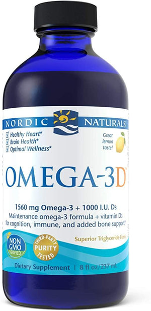 Nordic Naturals Omega-3D, Lemon Flavor - 1560 mg Omega-3 + 1000 IU Vitamin D3 - 8 oz - Fish Oil - EPA & DHA - Immune Support, Brain & Heart Health, Healthy Bones - Non-GMO - 48 Servings - Discount Nutrition Store