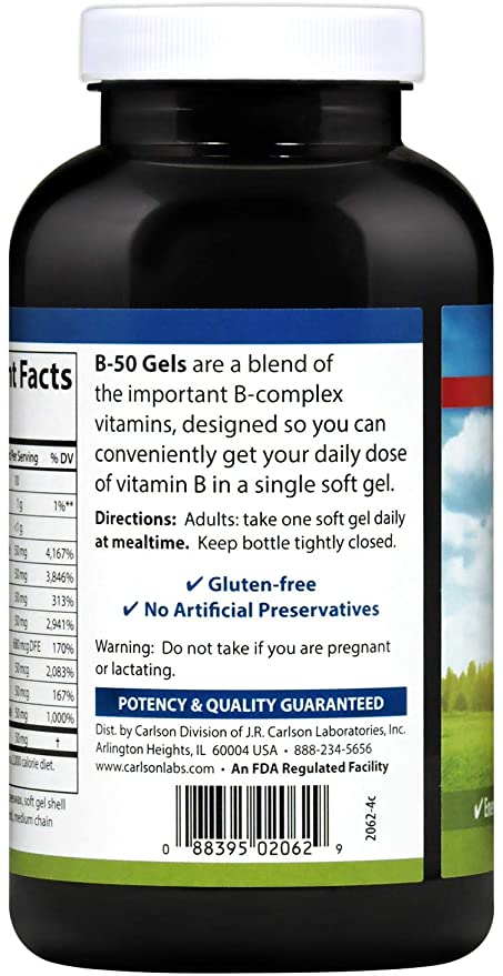 Carlson - B-50 Gels, Vitamin B Complex, Energy Production, Cellular Support & Optimal Wellness, 200 Softgels