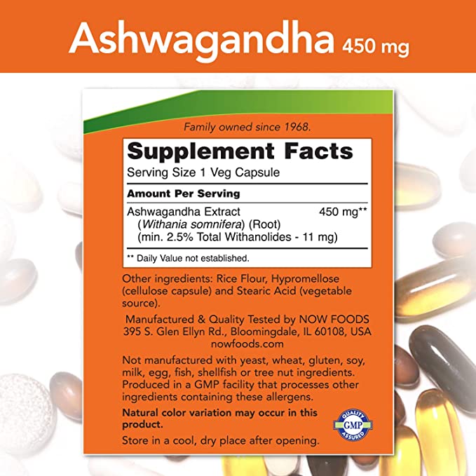 NOW Foods Supplements, Ashwagandha (Withania somnifera) 450 Mg (Standardized Extract), 90 Veg Capsules