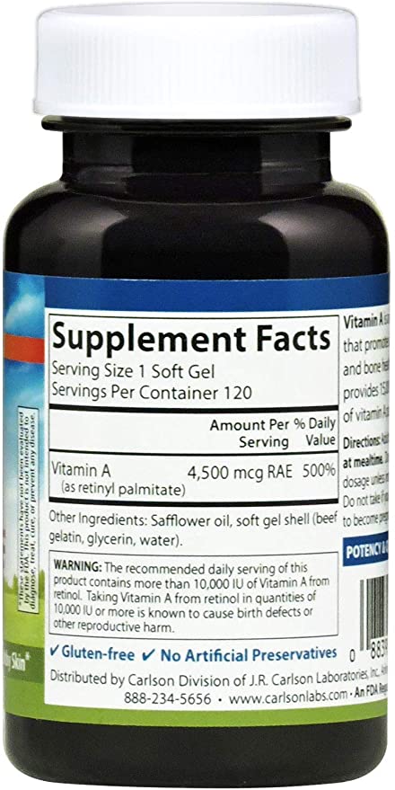 Carlson - Vitamin A, 15000 IU Palmitate (4500 mcg RAE), Vision Health, Healthy Skin, 120 Softgels