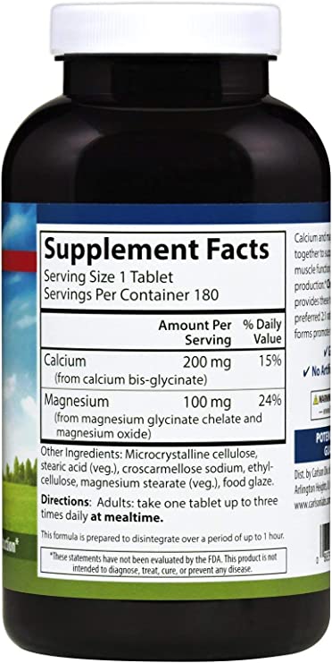 Carlson - Chelated Cal-Mag, 2:1 Calcium to Magnesium Ratio, Bone Support, Muscle Function &amp; Energy Production, 180 Tablets