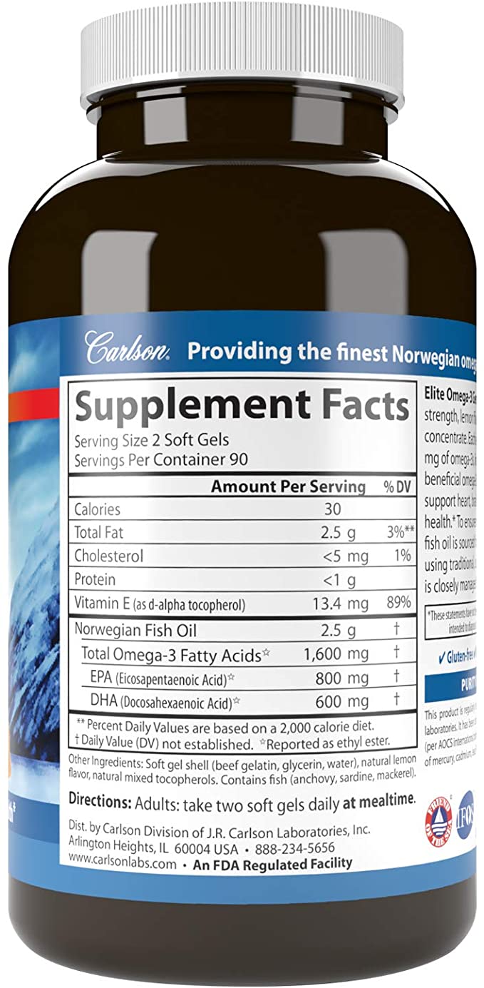 Carlson - Elite Omega-3 Gems, 1600 mg Omega-3 Including EPA and DHA, Norwegian, Wild-Caught Fish Oil Supplement, Sustainably Sourced, Lemon, 180 Softgels