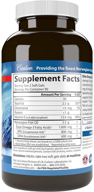 Carlson Elite Omega-3 Gems, Norwegian, 1, 600 mg Omega-3s, Soft Gels, 180 Count