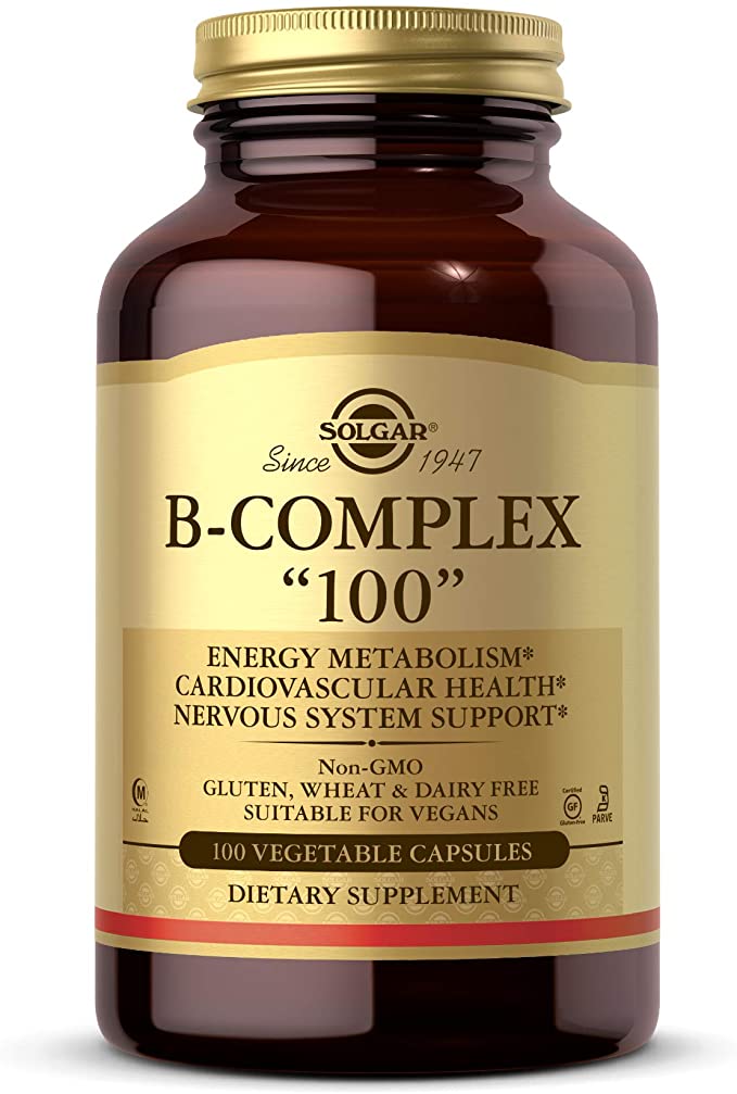 Solgar B-Complex &quot;100&quot;, 100 Vegetable Capsules - Nervous System Support - Supports Energy Metabolism - Non-GMO, Vegan, Gluten Free, Dairy Free, Kosher - 100 Servings