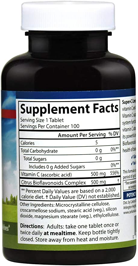 Carlson - Super-C Complex, Vitamin C + Bioflavonoids, Immune Function &amp; Optimal Wellness, Antioxidant, 100 Vegetarian Tablets